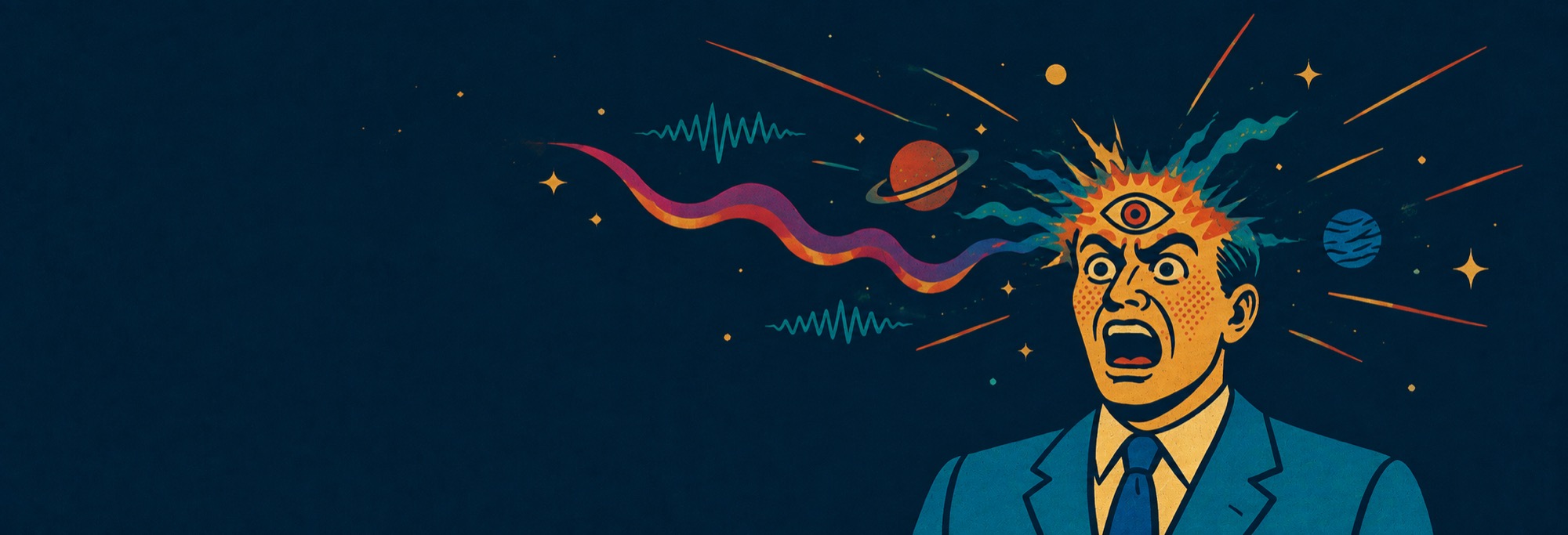 A wide-eyed man in a blue suit, a third eye erupting from his forehead in a burst of gold rays, with waveforms, a ribbon and planets streaming out to his left.